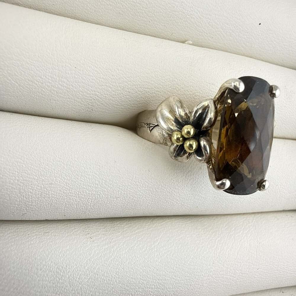 Ann King Ring Sterling Silver 18k Yellow Gold Floral Flower Smoky Quartz Size 8 - Picture 6 of 11